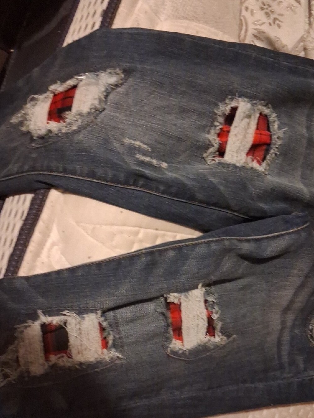 Judy Blue Dark Blue Distressed Boyfriend Jeans with Red Plaid Patches - Picture 5 of 10